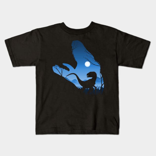 Velociraptor sunset silhouette Kids T-Shirt by Meca-artwork